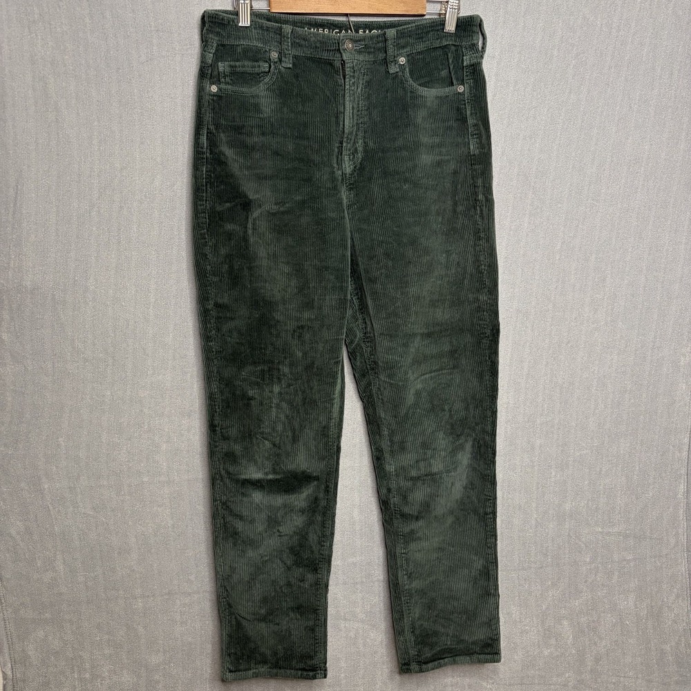 American Eagle Corduroy Pants Womens 10 Long Green Mom Straight Jean Stretch
